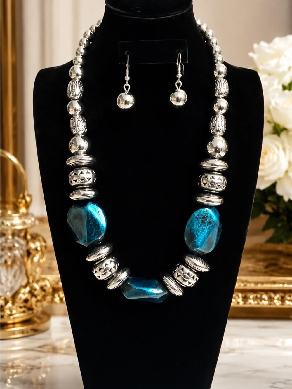 Artisan Joyeria-Silver Bead Necklace with Teal Accent Stones